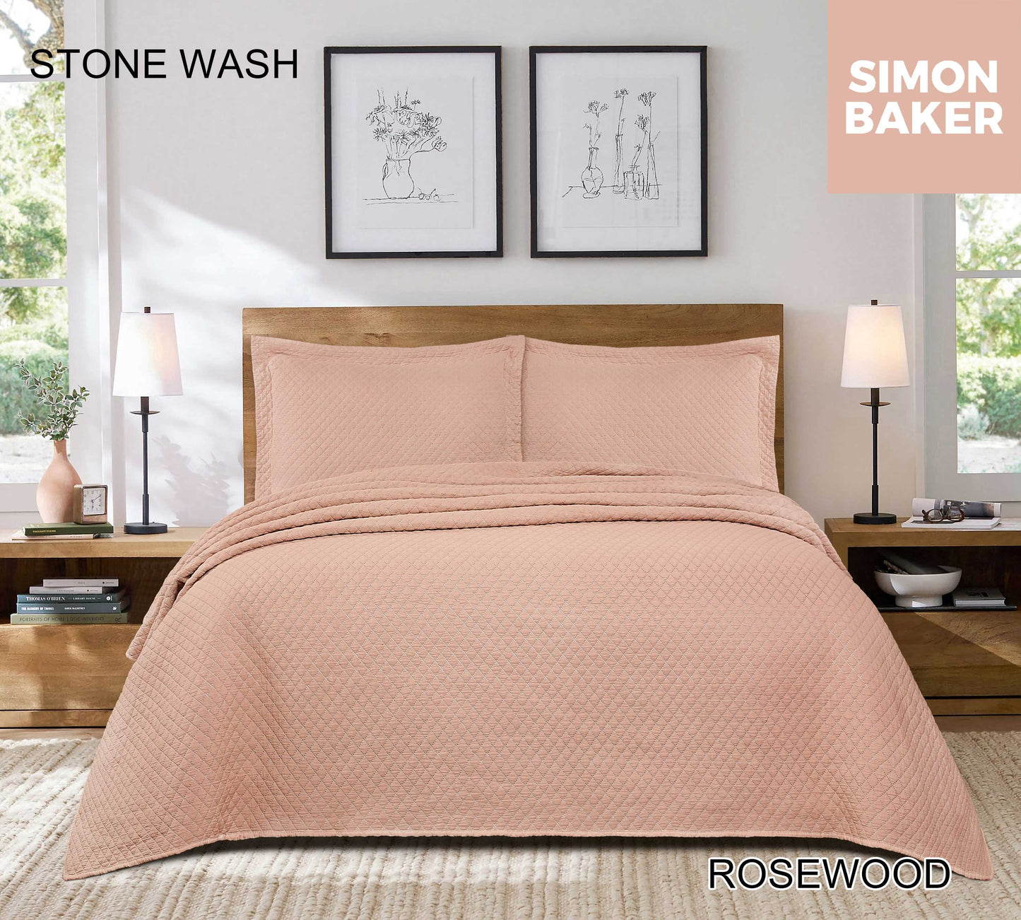Simon Baker - Stone Wash Bedspread - Rosewood (Various Sizes)