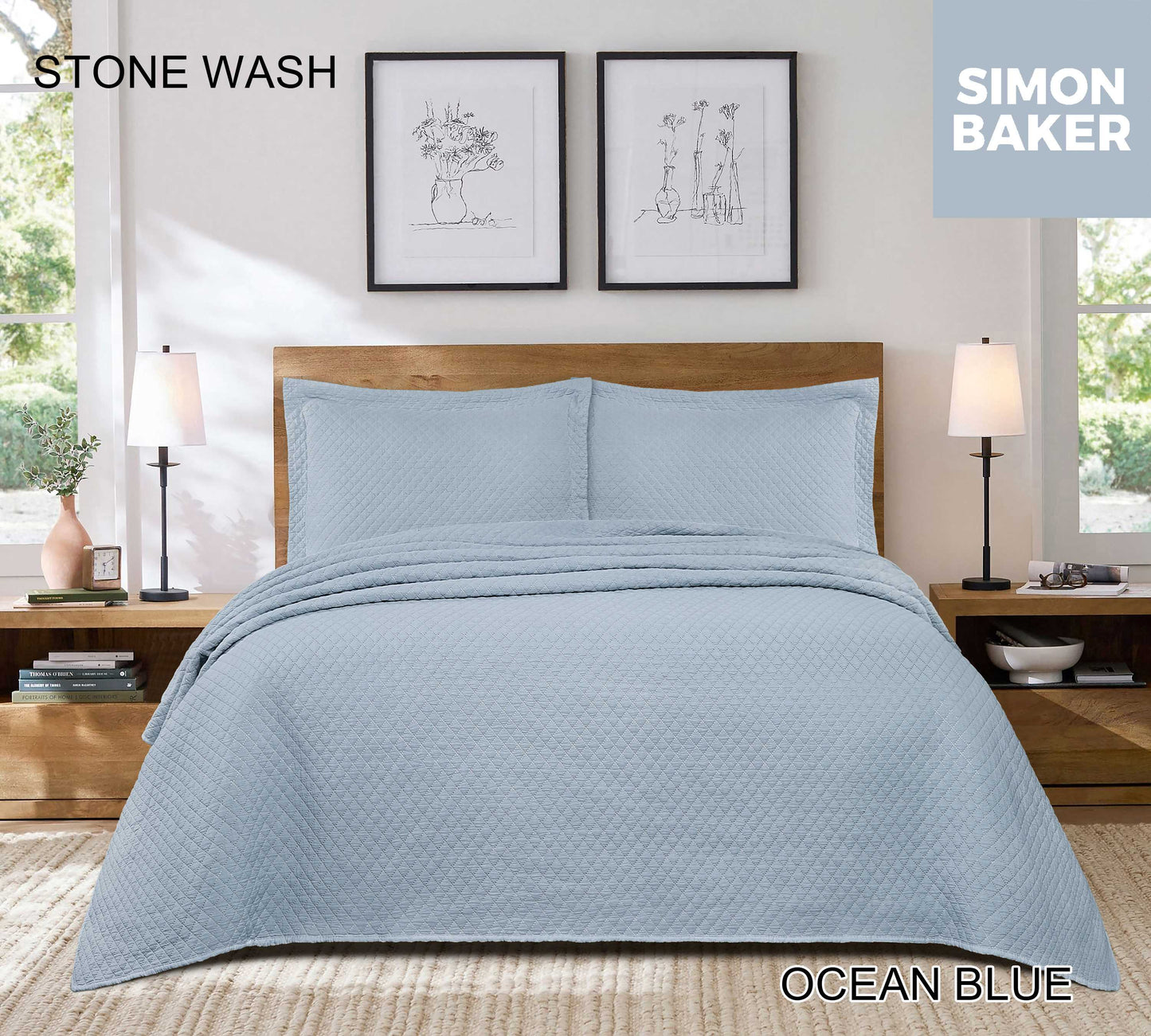Simon Baker - Stone Wash Bedspread - Ocean Blue (Various Sizes)