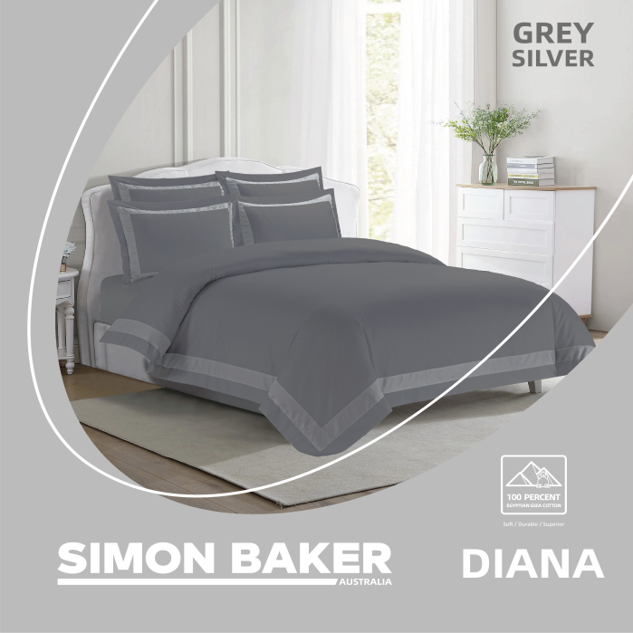 Simon Baker - 250TC Egyptian Cotton Sateen DUVET COVER SET - Diana - Grey Silver (Various Sizes)
