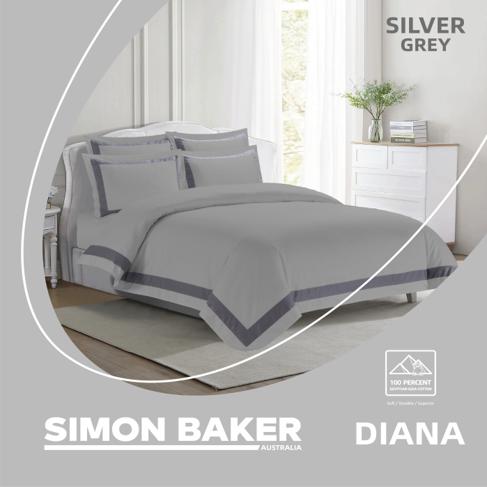 Simon Baker - 250TC Egyptian Cotton Sateen DUVET COVER SET - Diana - Silver Grey (Various Sizes) (Copy)
