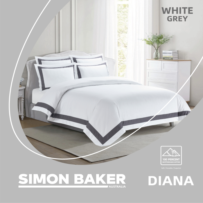 Simon Baker - 250TC Egyptian Cotton Sateen DUVET COVER SET - Diana - White Grey (Various Sizes)