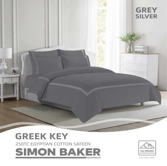 Simon Baker - 250TC Egyptian Cotton Sateen - Greek Key - Grey Silver (Various Sizes)