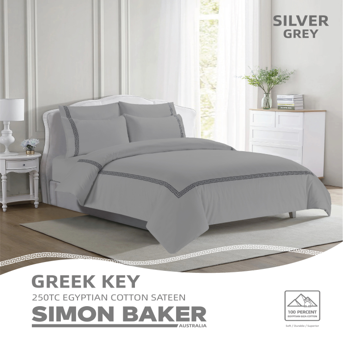 Simon Baker - 250TC Egyptian Cotton Sateen - Greek Key - Silver Grey (Various Sizes)