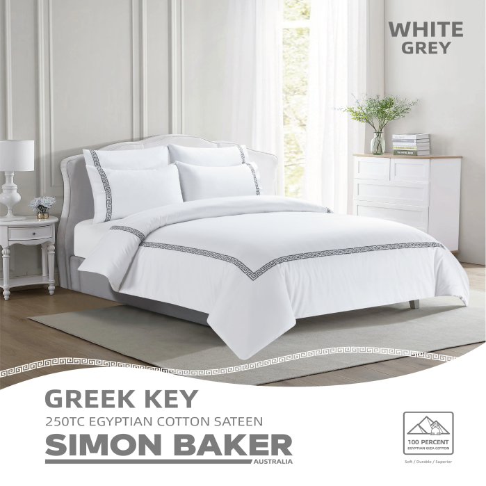 Simon Baker - 250TC Egyptian Cotton Sateen - Greek Key - White Grey (Various Sizes)