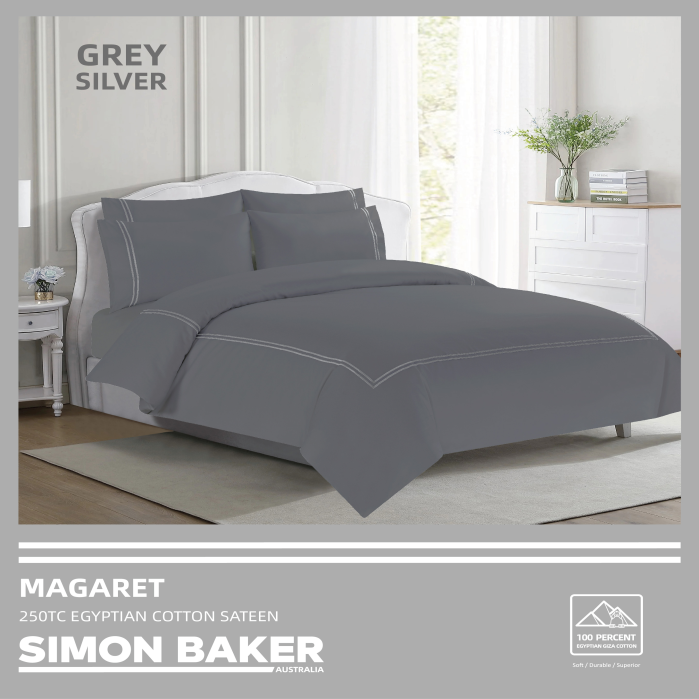 Simon Baker - 250TC Egyptian Cotton Sateen DUVET COVER SET - Magaret - Grey Silver (Various Sizes)