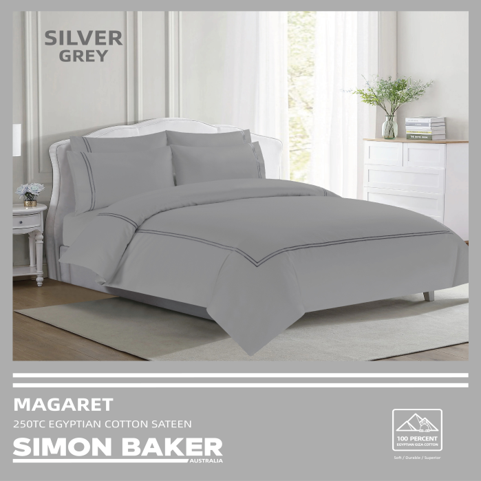 Simon Baker - 250TC Egyptian Cotton Sateen DUVET COVER SET - Magaret - Silver Grey (Various Sizes)