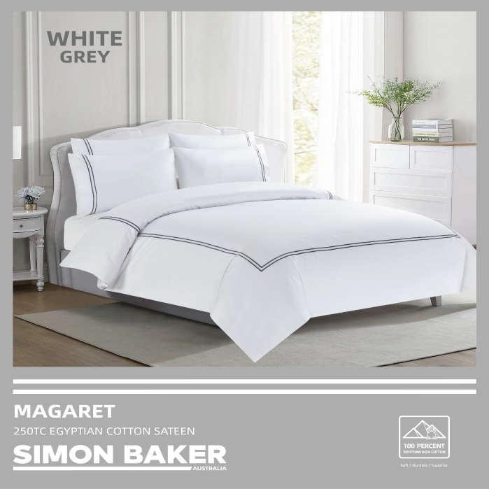 Simon Baker - 250TC Egyptian Cotton Sateen DUVET COVER SET - Magaret - White Grey (Various Sizes)