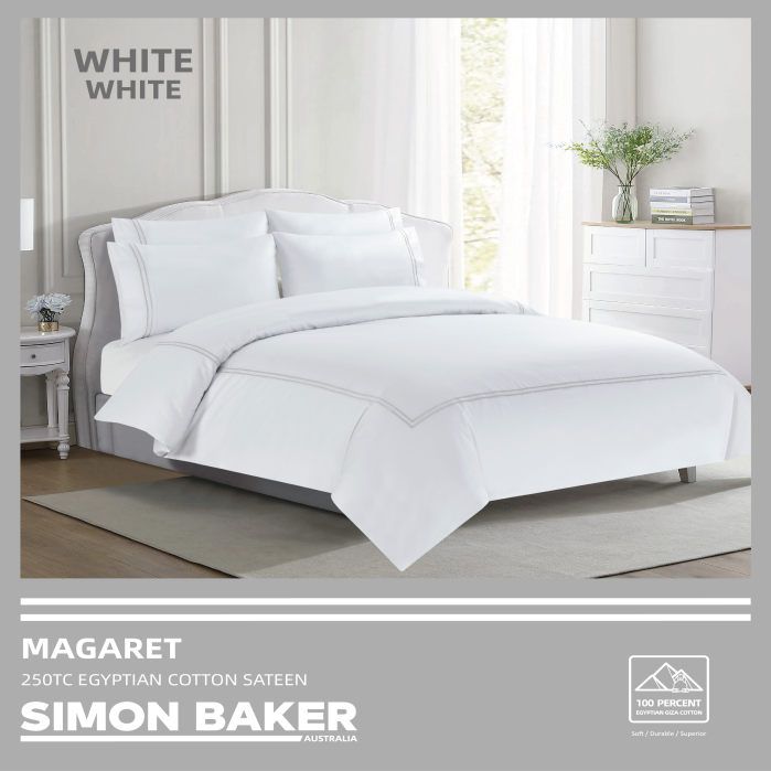 Simon Baker - 250TC Egyptian Cotton Sateen DUVET COVER SET - Magaret - White White (Various Sizes)