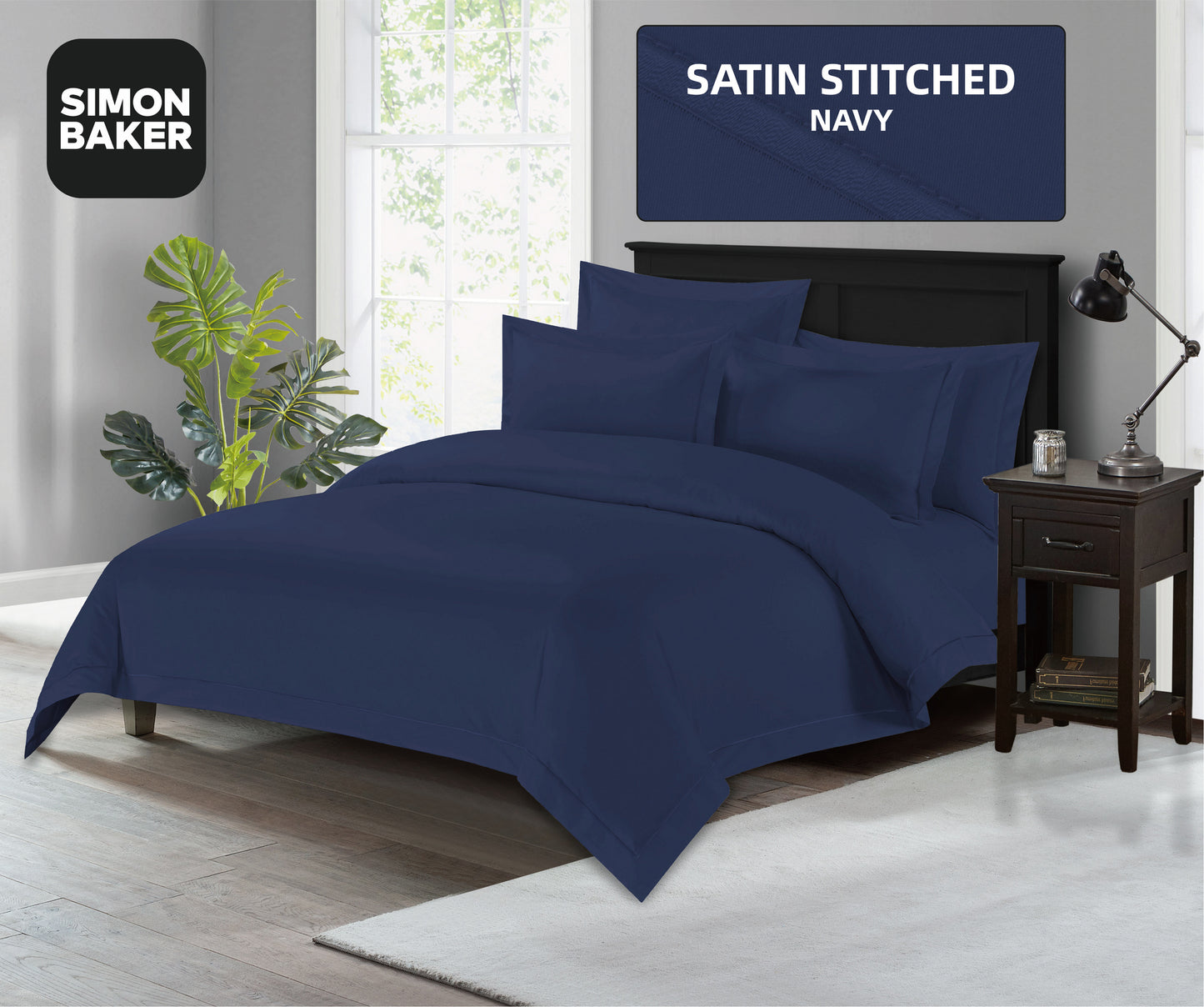 Simon Baker - 300TC 100% Egyptian Cotton Oxford Satin Stitched Duvet Cover Navy (Various Sizes)