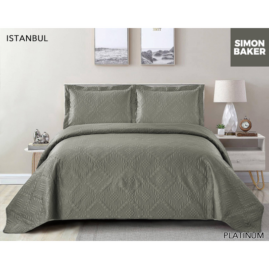 Simon Baker - Istanbul Quilted Bedspread - Platinum (Various Sizes)