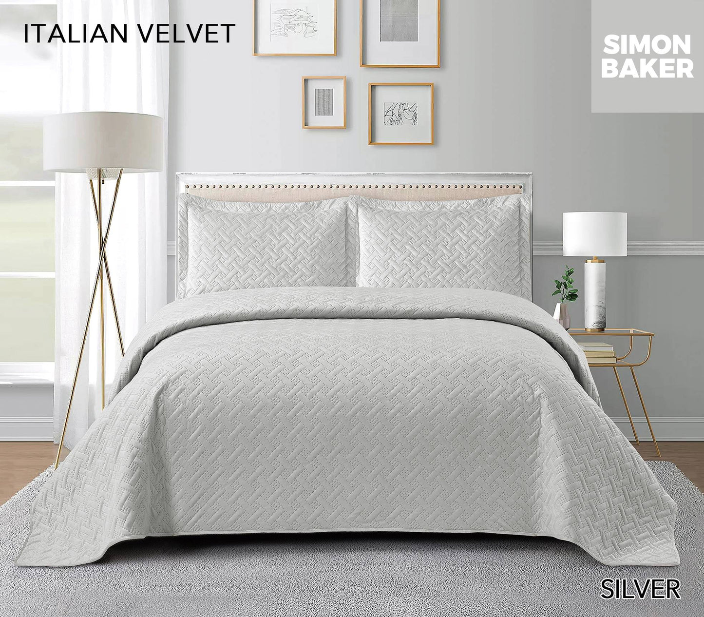 Simon Baker - Italian Velvet Bedspread Set - Silver (Various Sizes)