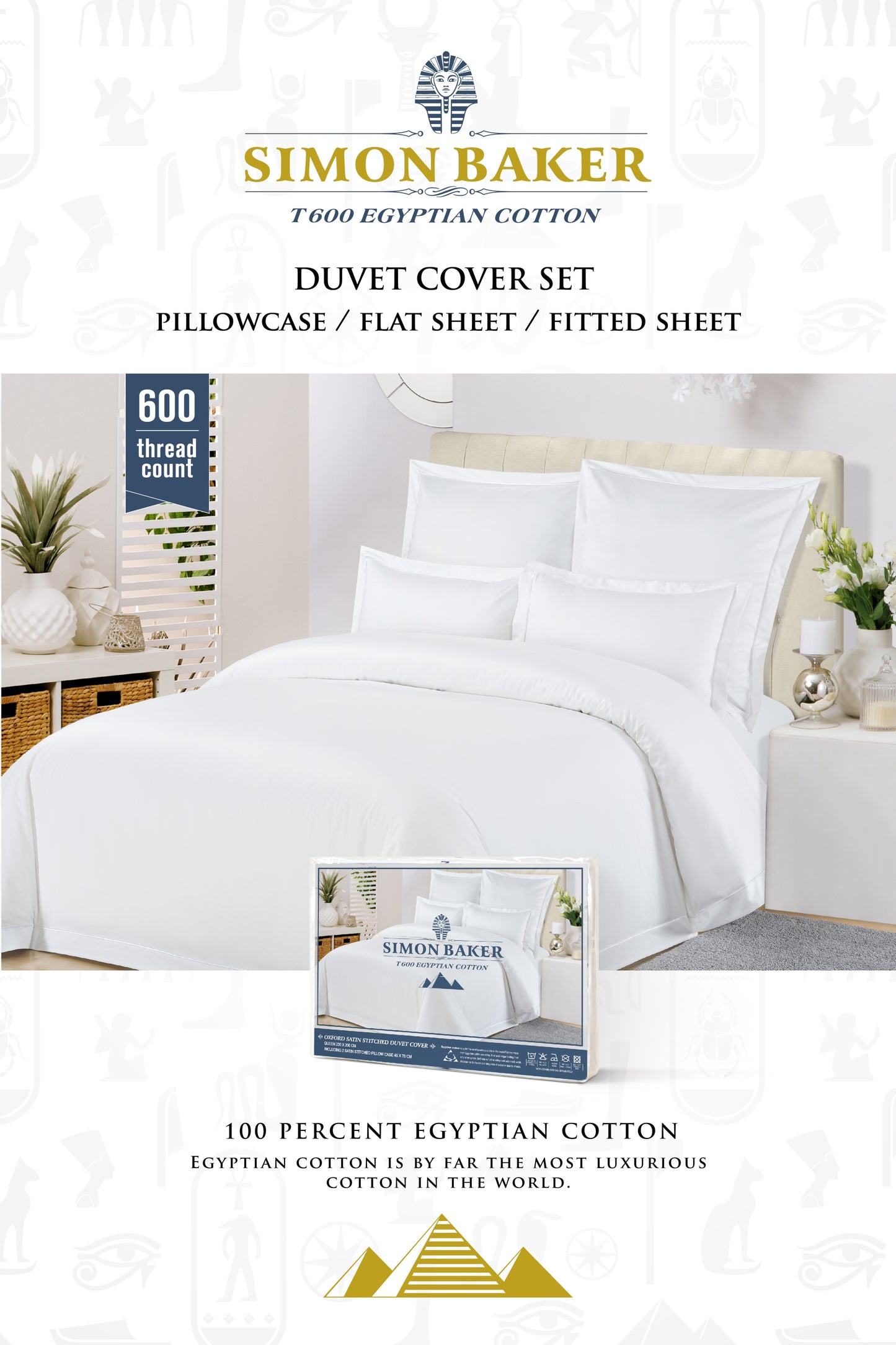 Simon Baker | 600 TC 100% Egyptian Cotton FLAT SHEET XL - White (Various Sizes)