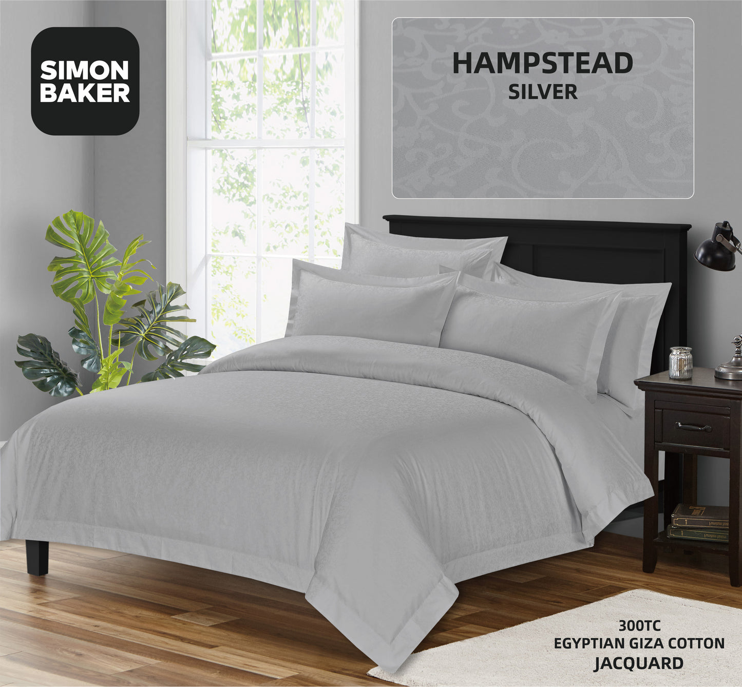 Simon Baker | 300 TC Hampstead Egyptian Giza Cotton Luxury Jacquard Duvet Cover Set - Silver (Various Sizes)