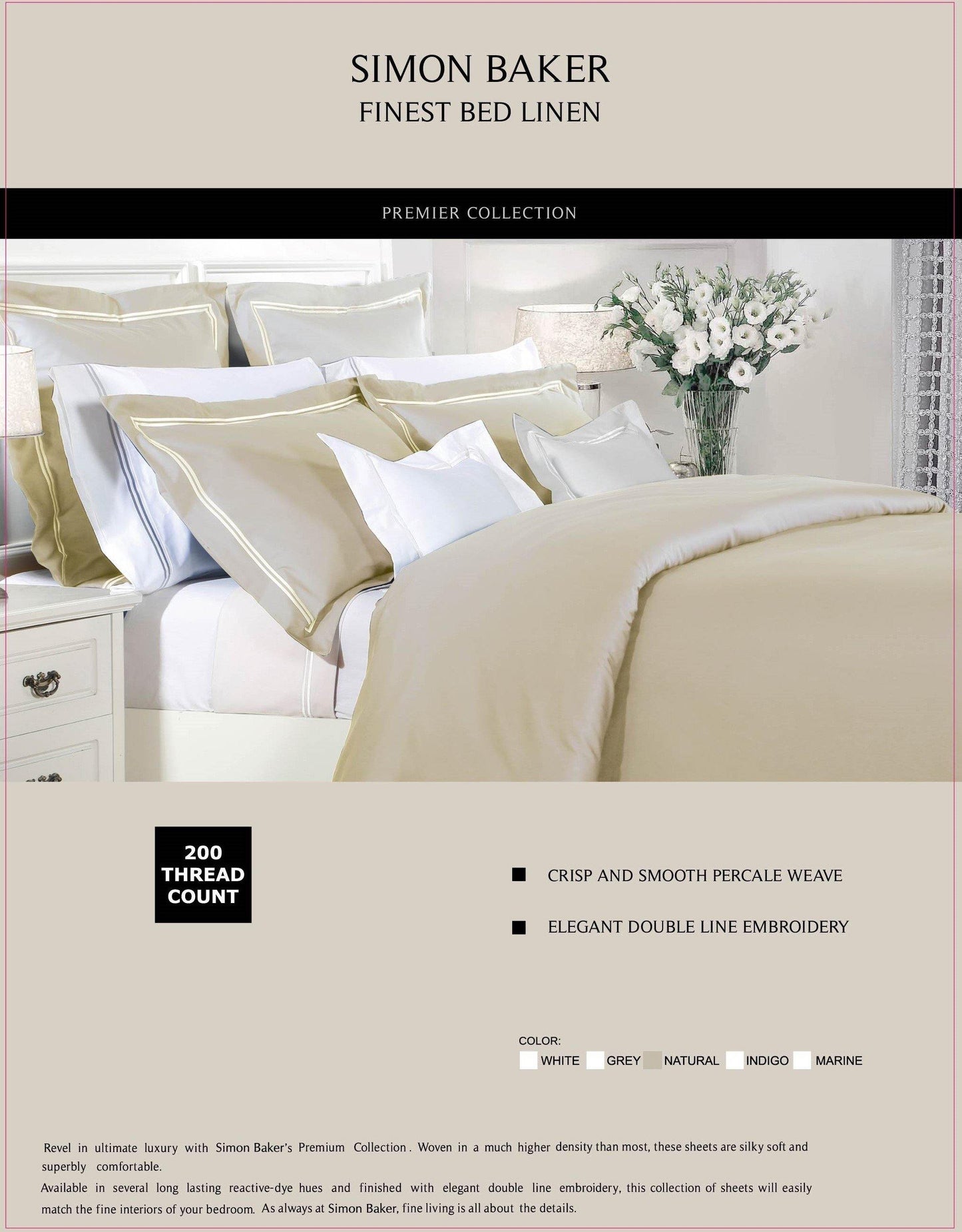 Simon Baker | T200 Cotton Double Satin Stitched Duvet Cover Set Natural (Various Sizes)