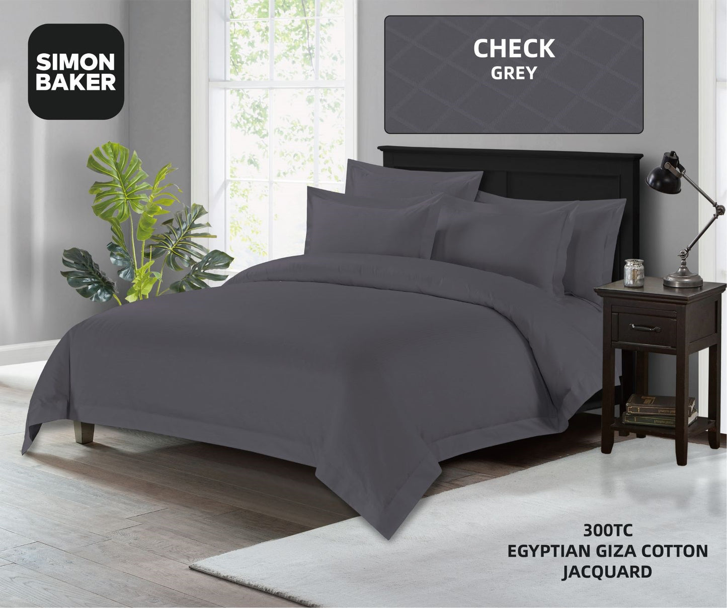 Simon Baker | 300TC 100% Egyptian Cotton Jacquard Check Duvet Cover Grey ( Various Sizes)