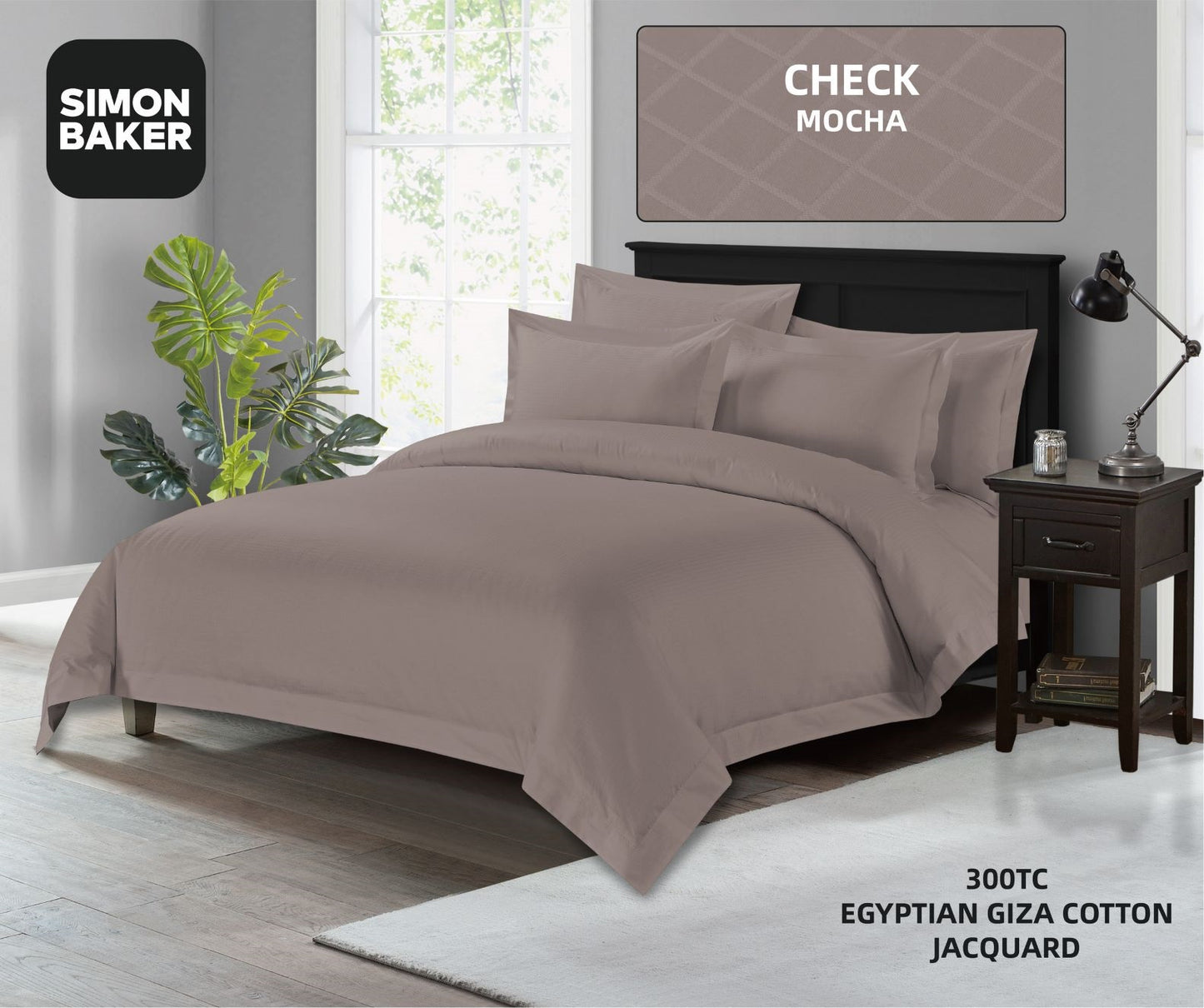 Simon Baker | 300TC 100% Egyptian Cotton Jacquard Check Duvet Cover Mocha ( Various Sizes)
