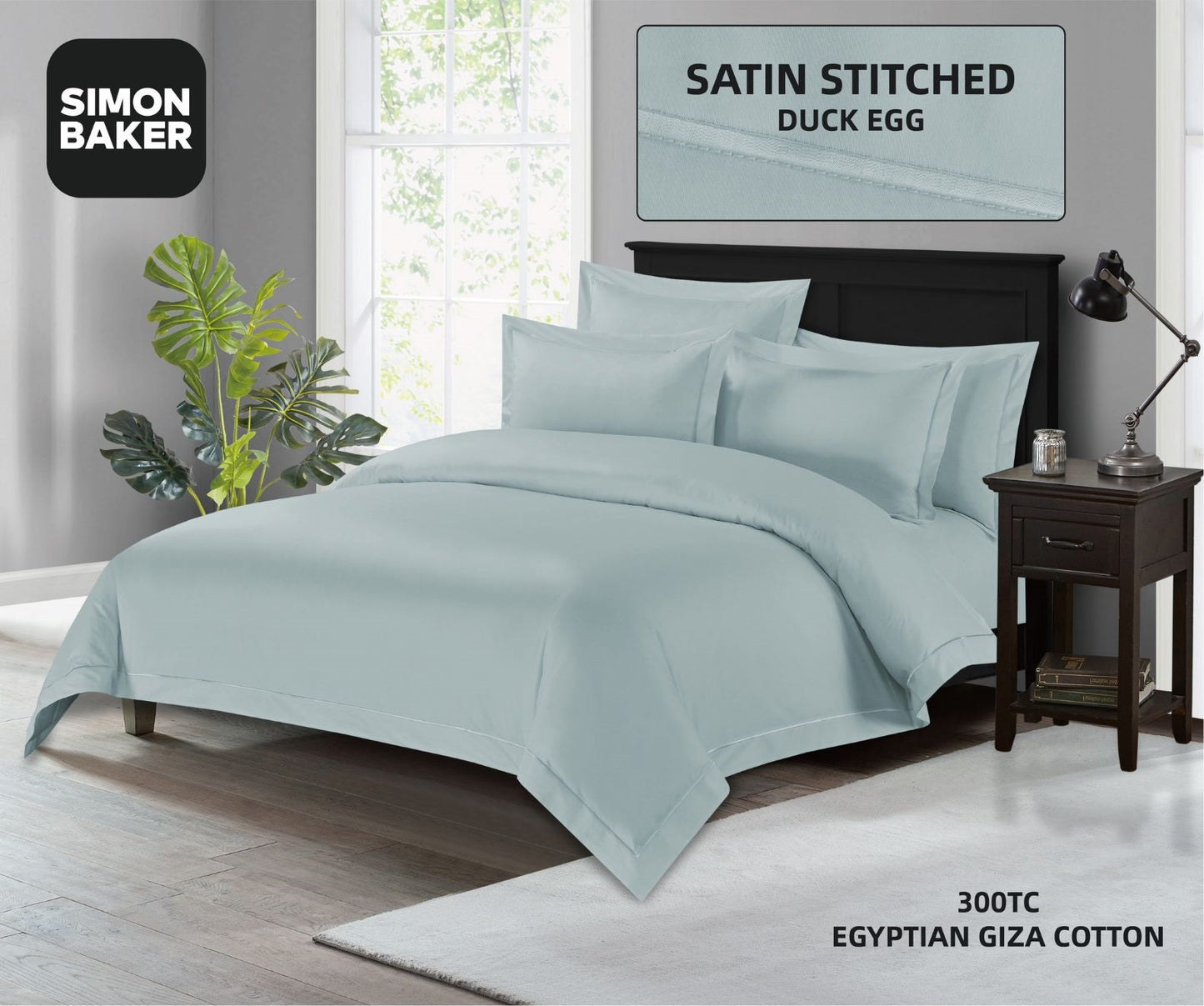 Simon Baker | 300TC 100% Egyptian Cotton Oxford Satin Stitched Duvet Cover Duck Egg (Various Sizes)