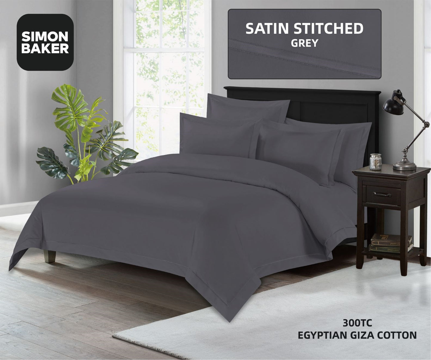 Simon Baker | 300TC 100% Egyptian Cotton Oxford Satin Stitched Duvet Cover Grey (Various Sizes)