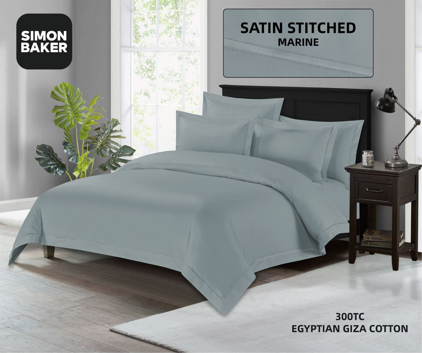 Simon Baker | 300TC 100% Egyptian Cotton Oxford Satin Stitched Duvet Cover Marine (Various Sizes)