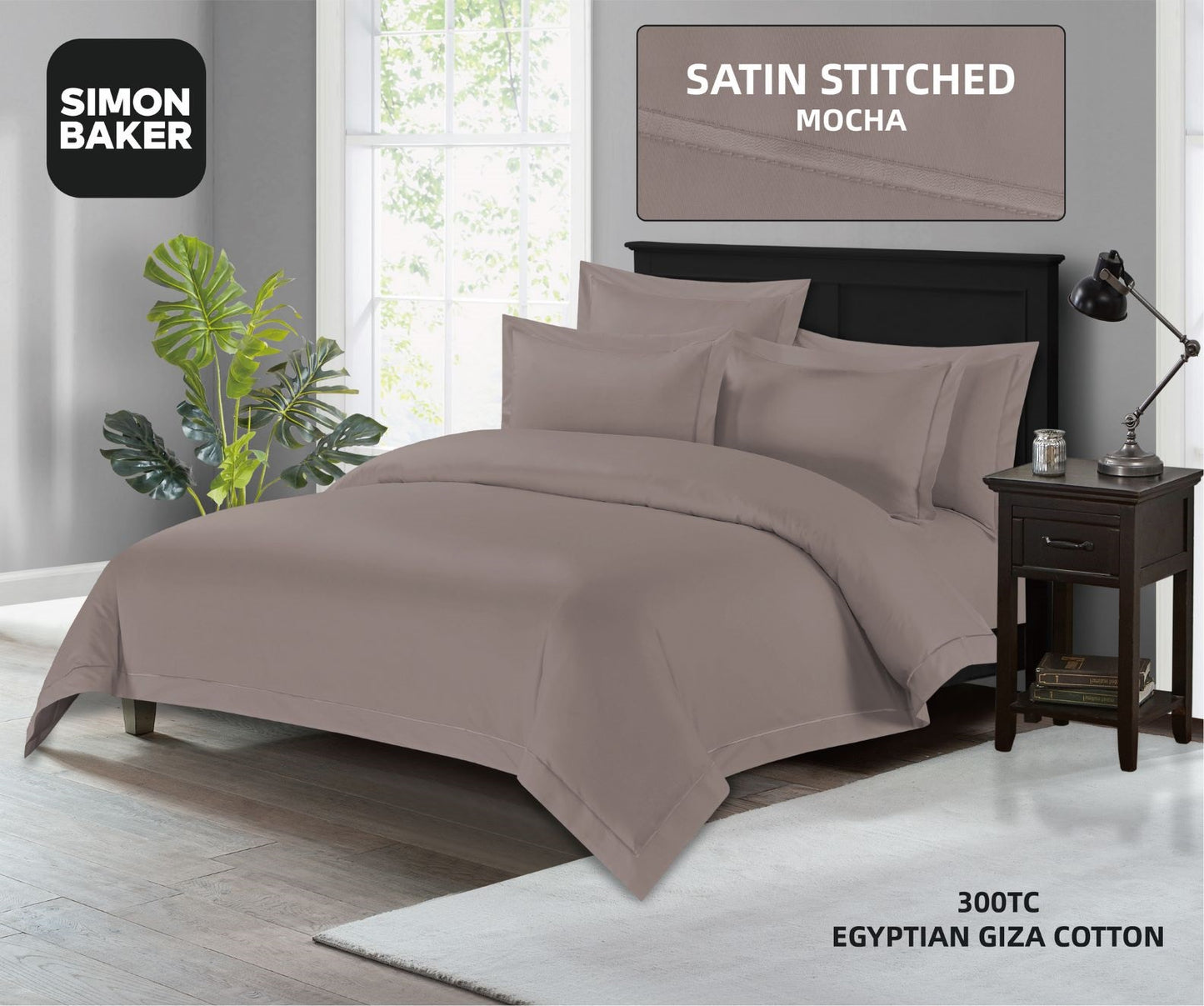 Simon Baker | 300TC 100% Egyptian Cotton Oxford Satin Stitched Duvet Cover Mocha (Various Sizes)