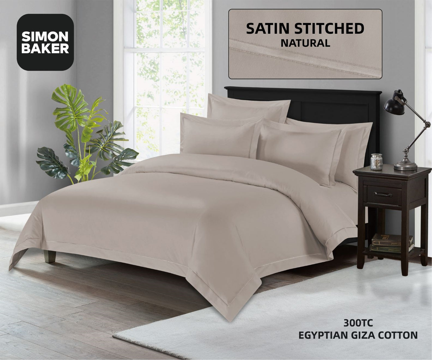 Simon Baker | 300TC 100% Egyptian Cotton Oxford Satin Stitched Duvet Cover Natural (Various Sizes)