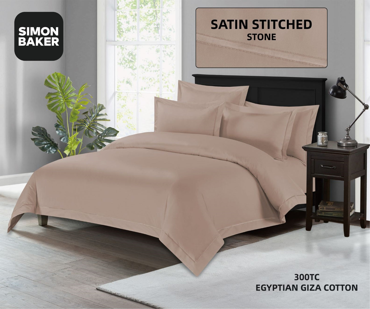 Simon Baker | 300TC 100% Egyptian Cotton Oxford Satin Stitched Duvet Cover Stone (Various Sizes)