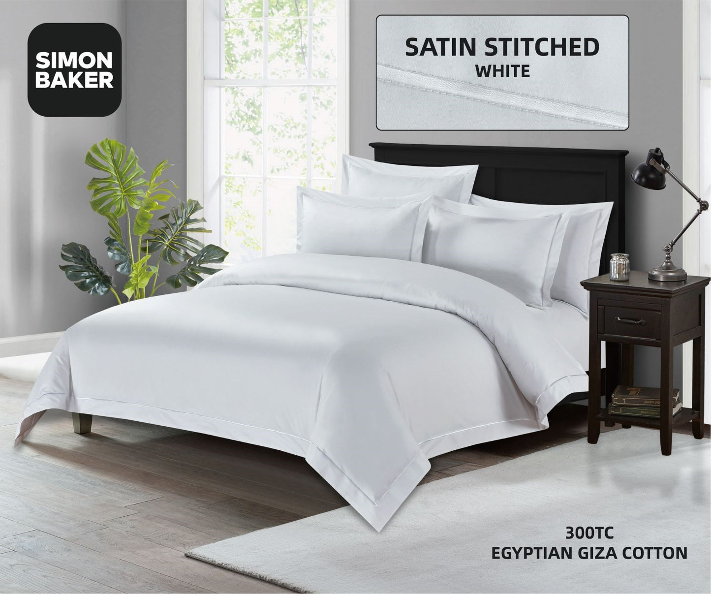 Simon Baker | 300TC 100% Egyptian Cotton Oxford Satin Stitched Duvet Cover White (Various Sizes)