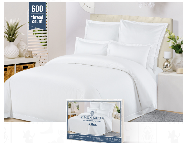Simon Baker | 600 Tread Count 100% EGYPTIAN COTTON Duvet Cover White (Various Sizes)