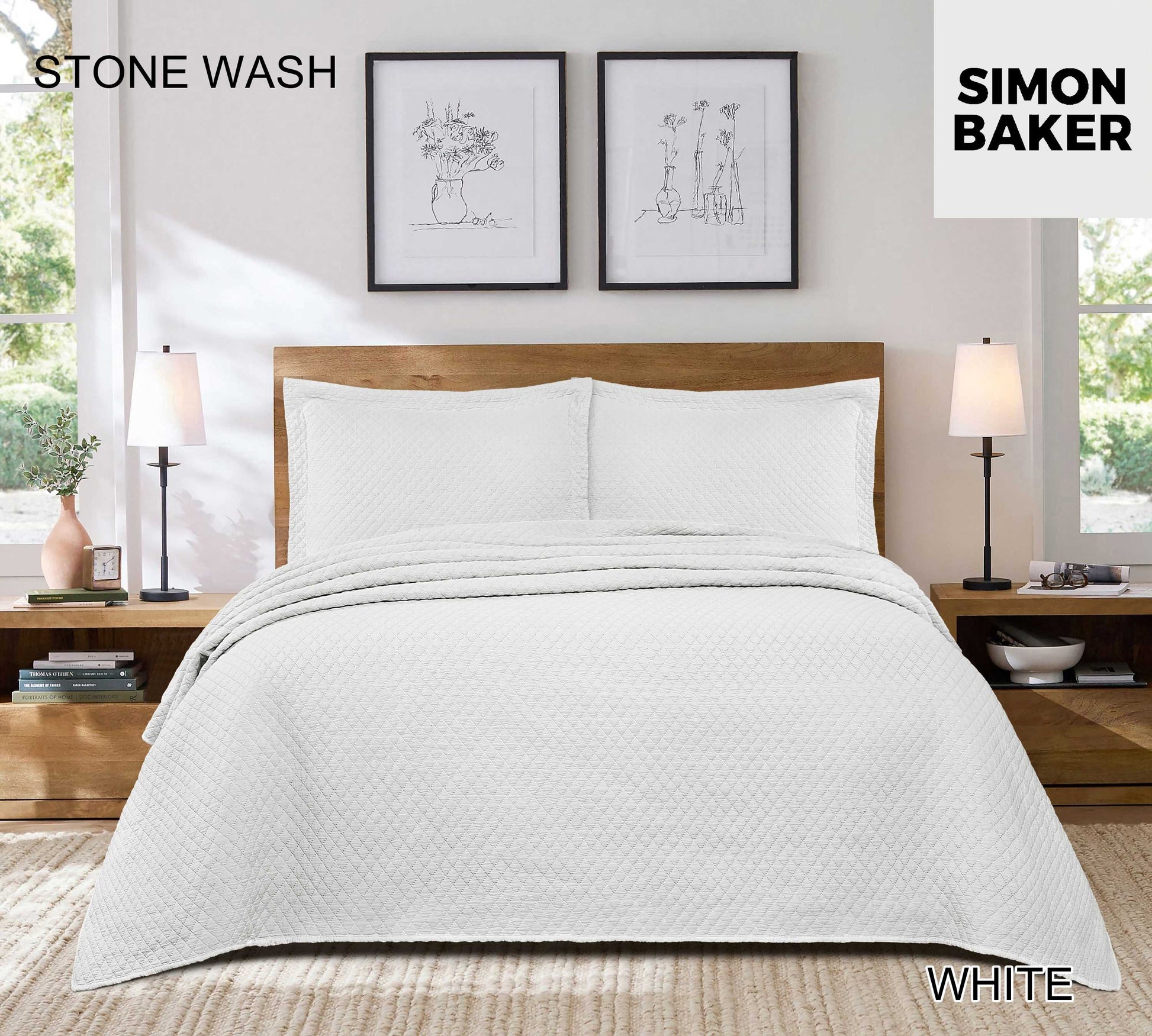 Simon Baker - Stone Wash Bedspread - White (Various Sizes)