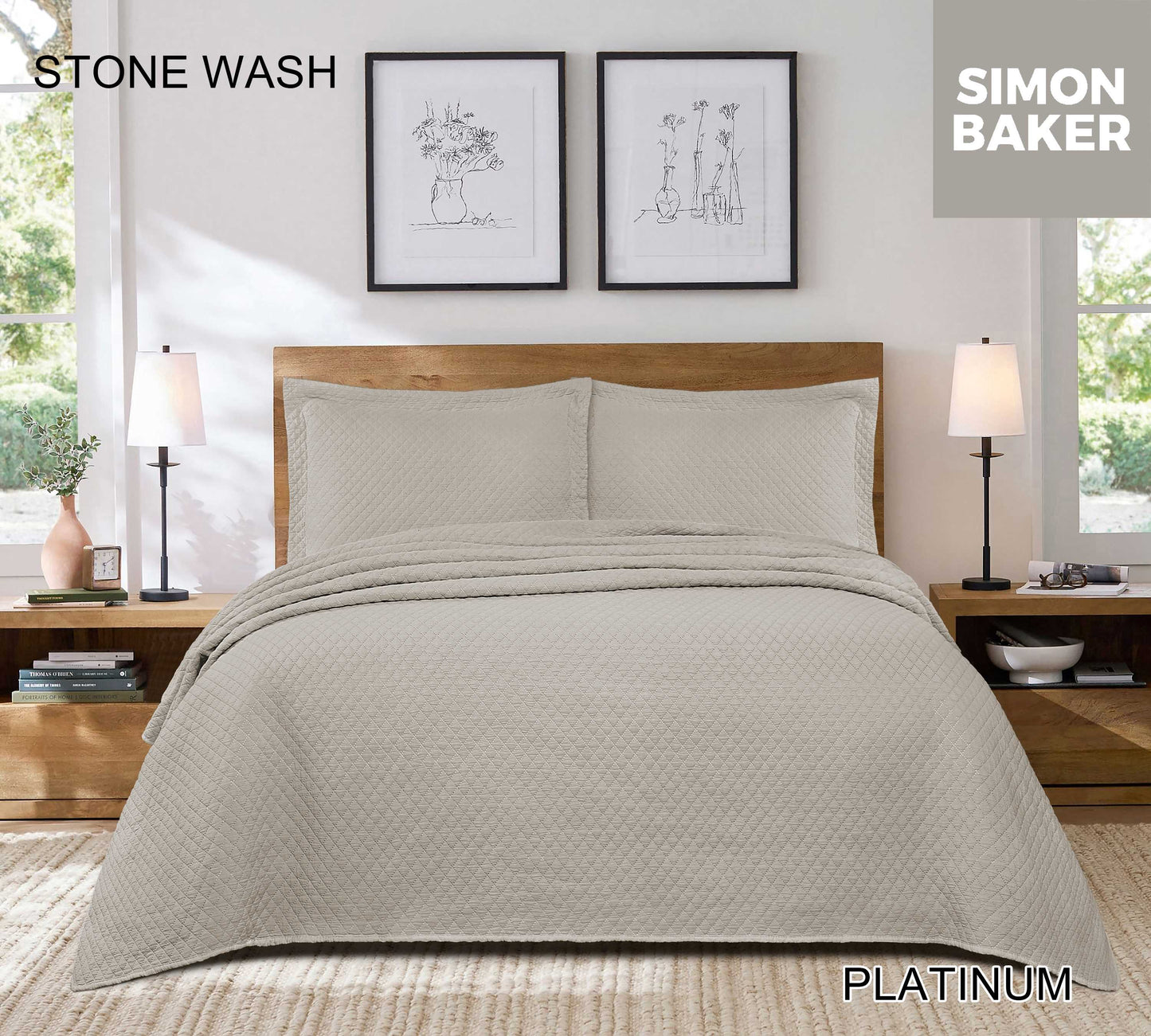 Simon Baker - Stone Wash Bedspread - Platinum (Various Sizes)