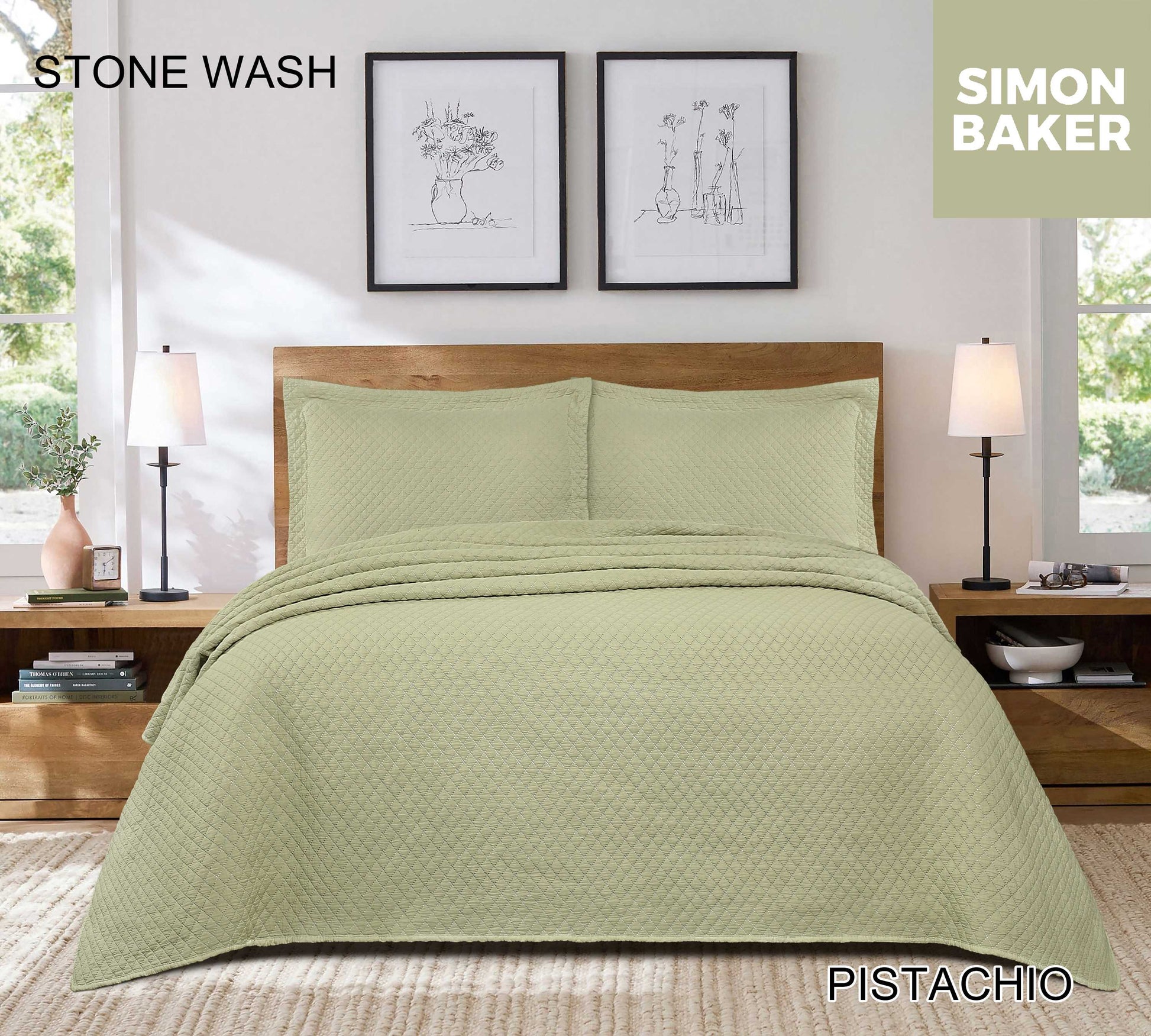 Simon Baker - Stone Wash Bedspread - Pistachio (Various Sizes)
