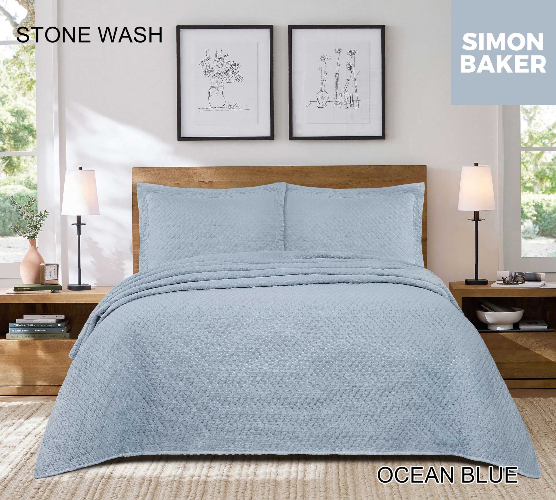 Simon Baker - Stone Wash Bedspread - Ocean Blue (Various Sizes)