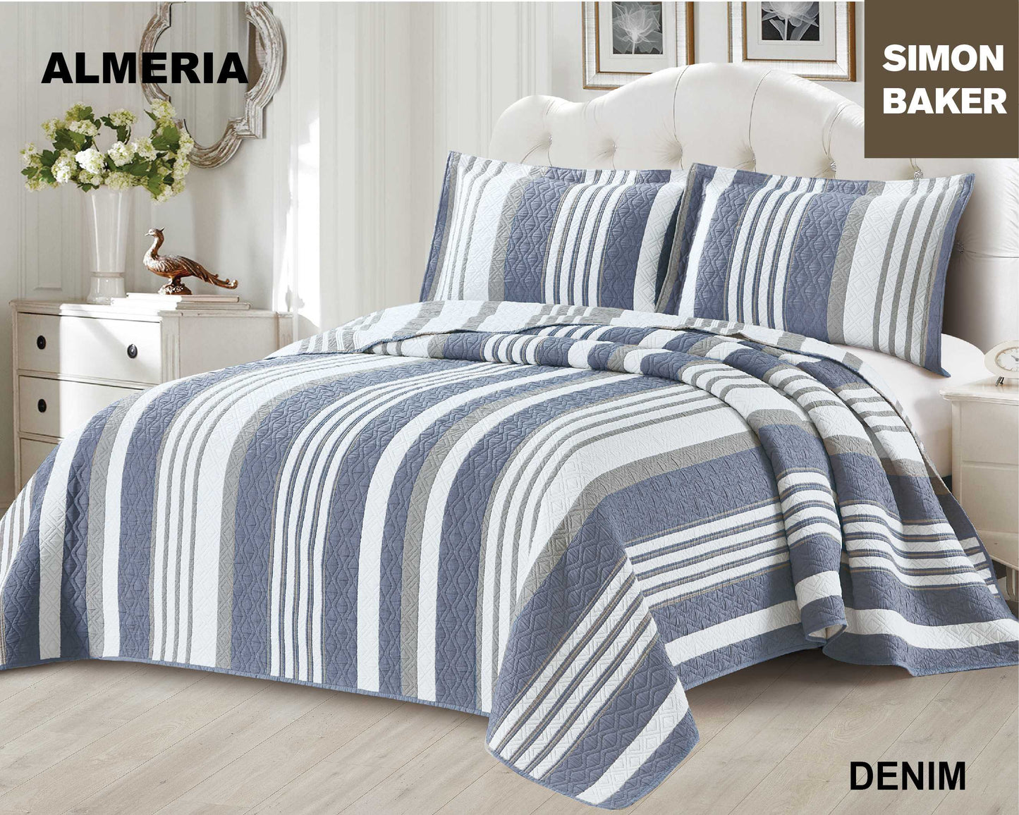 Simon Baker - Almeria Jacquard Bedspread - Denim (Various Sizes)