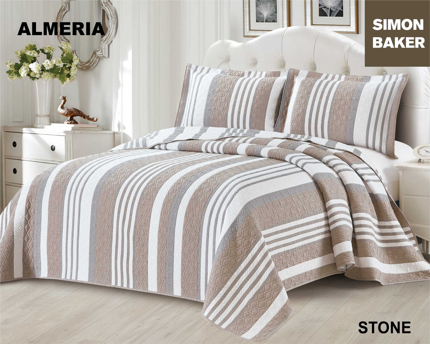 Simon Baker - Almeria Jacquard Bedspread - Stone (Various Sizes)