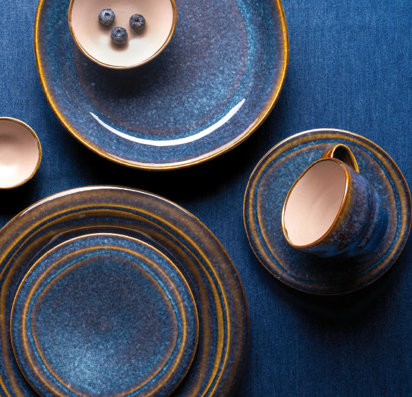 Ariane Splash Denim crockery lifestyle setting in blue