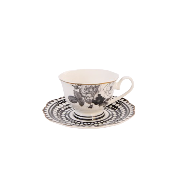 JENNA CLIFFORD - Black Rose Cup & Saucer Set of 4 in Gift Box