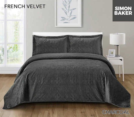 Simon Baker - French Velvet Bedspread Set - Charcoal (Various Sizes)