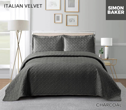 Simon Baker -  Italian Velvet Bedspread Set - Charcoal (Various Sizes)