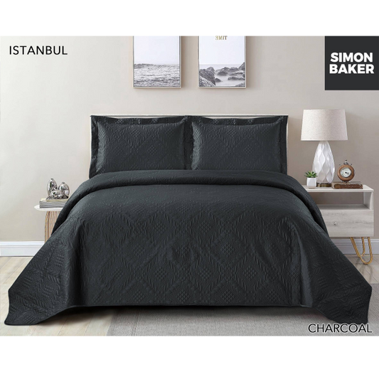 Simon Baker - Istanbul Quilted Bedspread - Charcoal (Various Sizes)