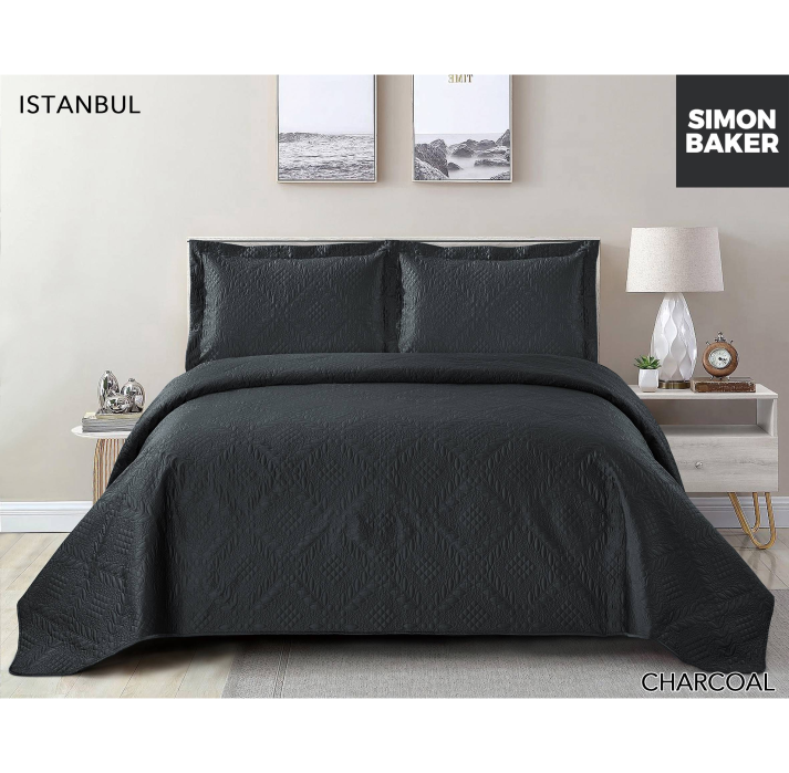 Simon Baker - Istanbul Quilted Bedspread - Charcoal (Various Sizes)