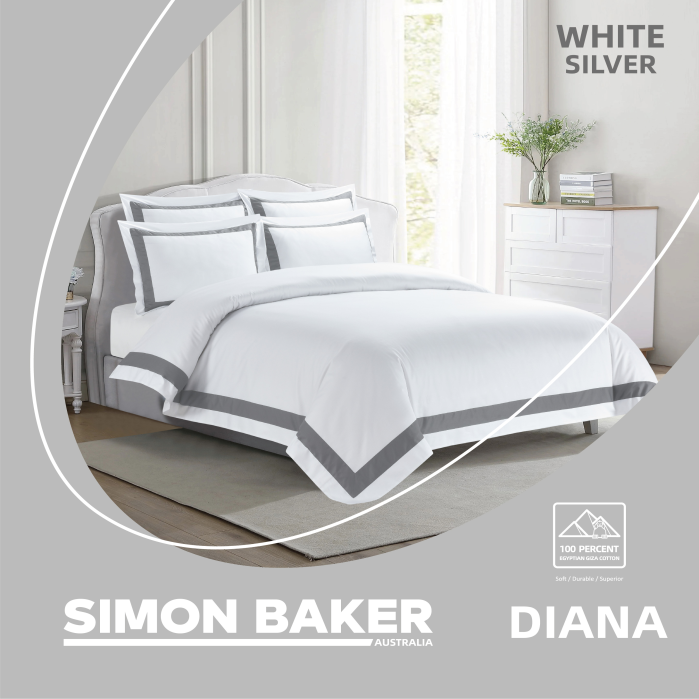 Simon Baker - 250TC Egyptian Cotton Sateen DUVET COVER SET  - Diana - White Silver (Various Sizes)