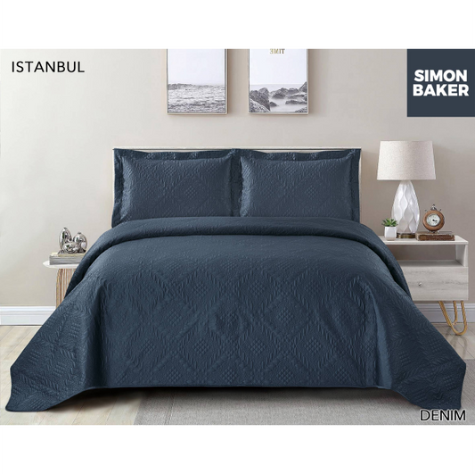 Simon Baker - Istanbul Quilted Bedspread - Denim (Various Sizes)