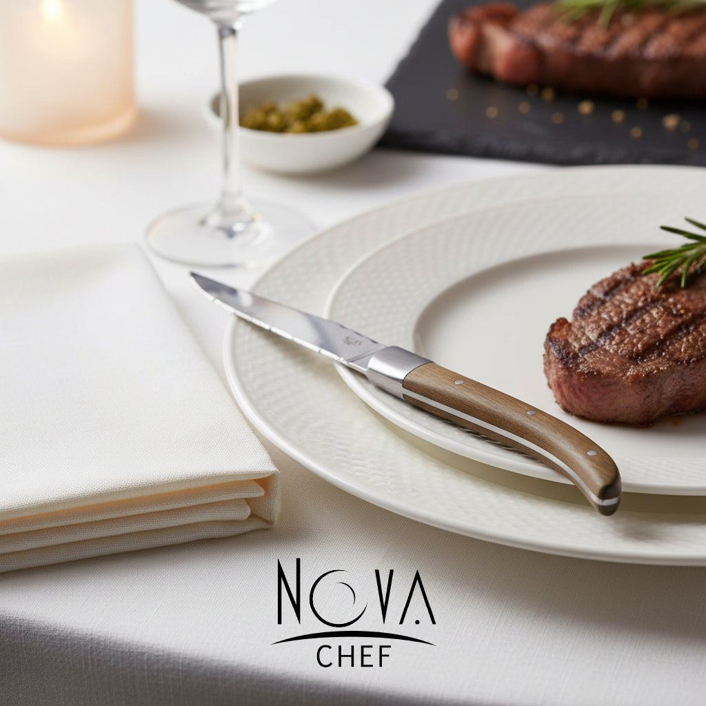 Luxury Zebrano wood steak knives in a styled table setting