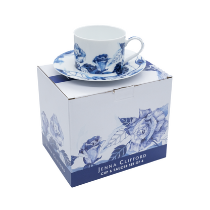 JENNA CLIFFORD - Peacock Sapphire Garden Cup & Saucer Set of 4