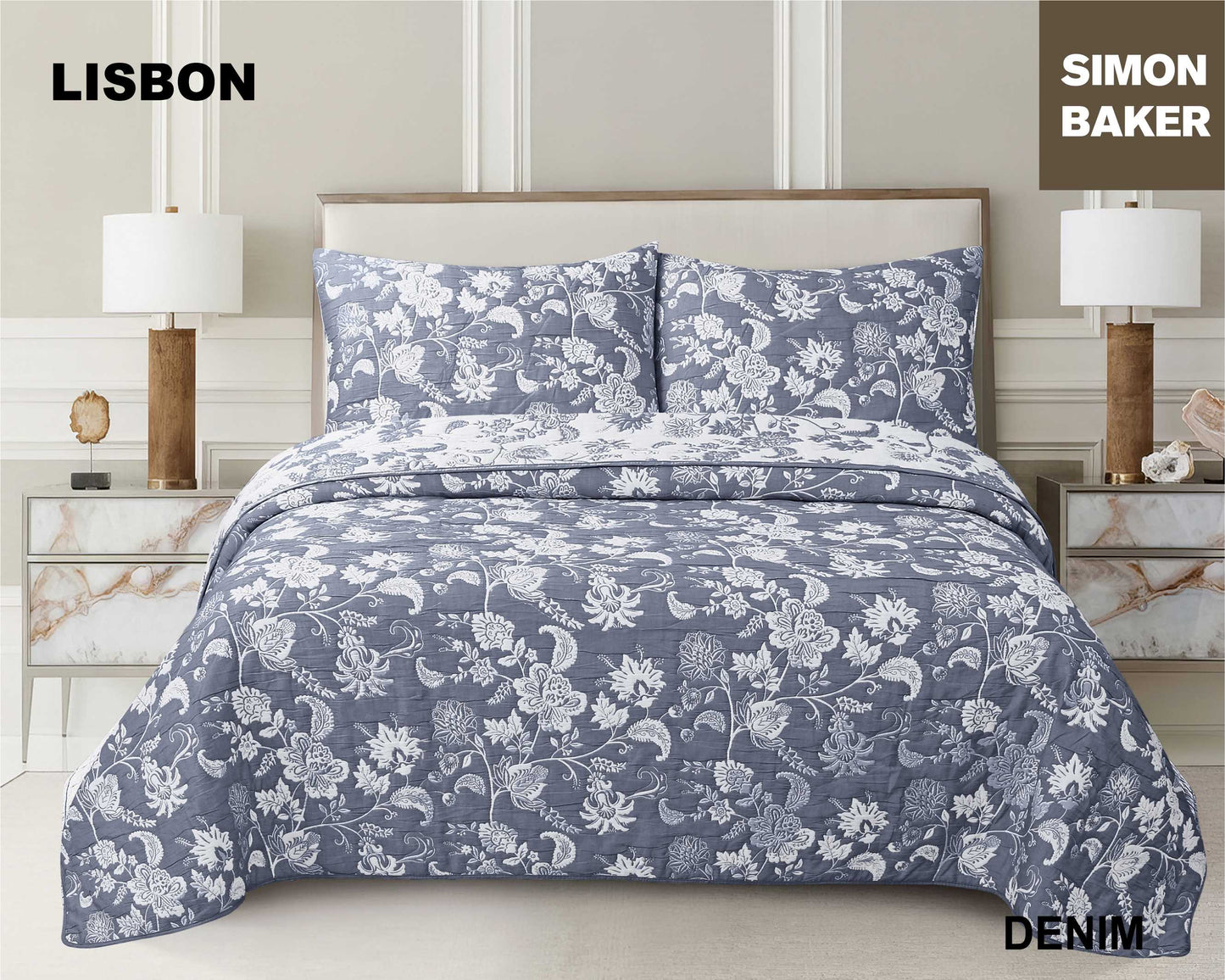 Simon Baker - Lisbon Jacquard Bedspread - Denim (Various Sizes)
