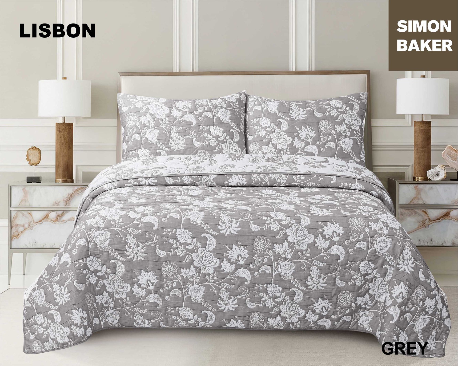 Simon Baker - Lisbon Jacquard Bedspread - Grey (Various Sizes)