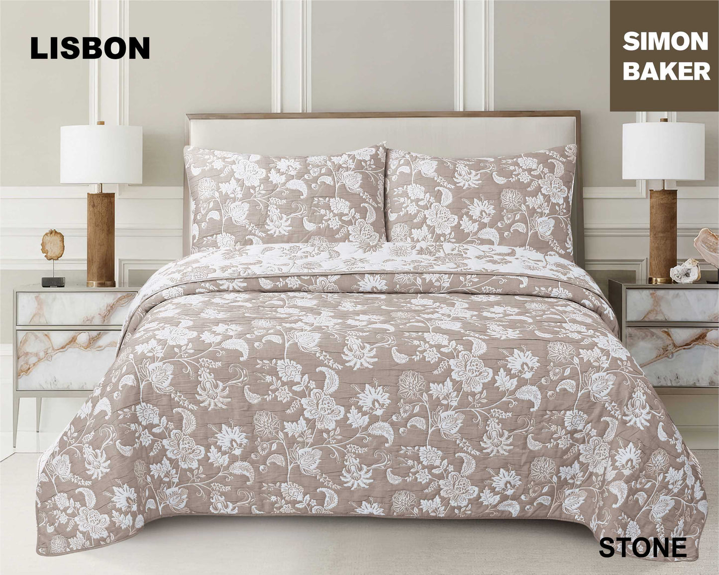 Simon Baker - Lisbon Jacquard Bedspread - Stone (Various Sizes)