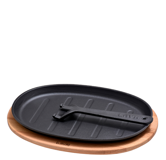 Lava Oval Cast Iron Plate With Wooden Base 18x28cm (NO HANDLE)