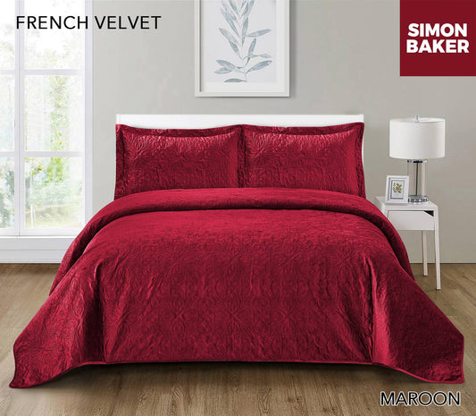 Simon Baker - French Velvet Bedspread Set - Maroon (Various Sizes)