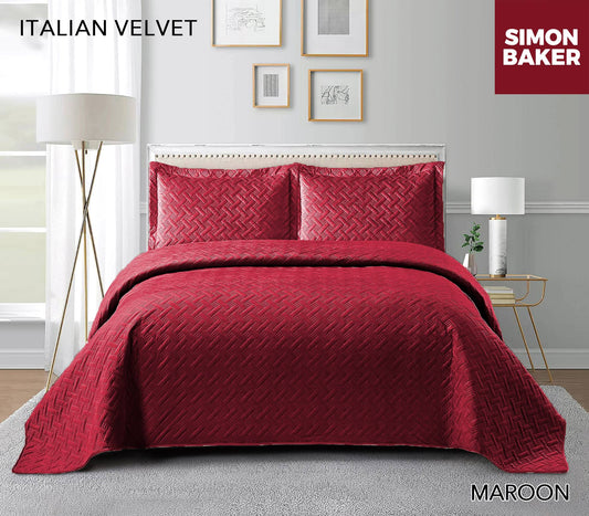 Simon Baker -  Italian Velvet Bedspread Set - Maroon (Various Sizes)